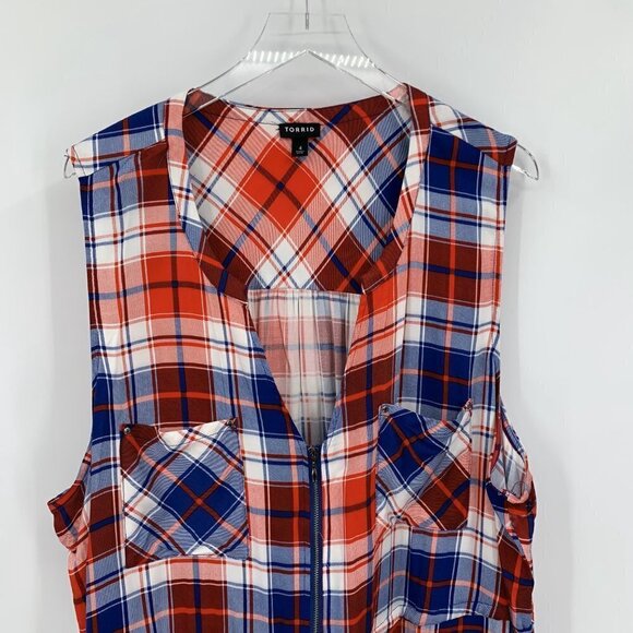Torrid Challis mini Zip-Front Shirt Dress navy blue red white check plaid 4X 26 - Picture 3 of 5